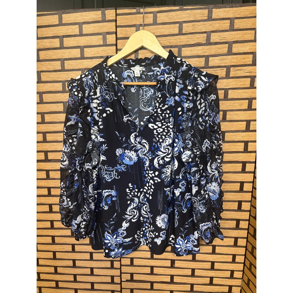 Cato Blue And Black Tie Neck‎ Blouse Size XL
